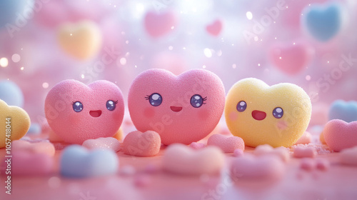 Adorable heart-shaped characters with smiling faces in pastel colors sit among smaller heart-shaped confetti on a dreamy background