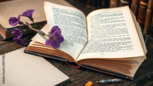 An antique book open on a table with a purple flower next to an ai generating content, book, old