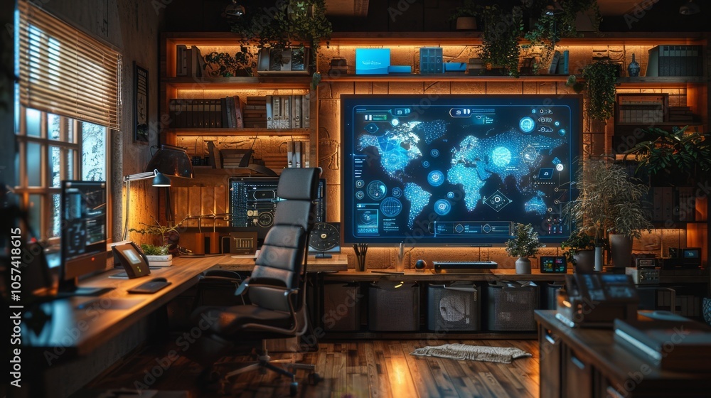 Futuristic Office Interior with Digital World Map Futuristic Office Interior with Digital World Map