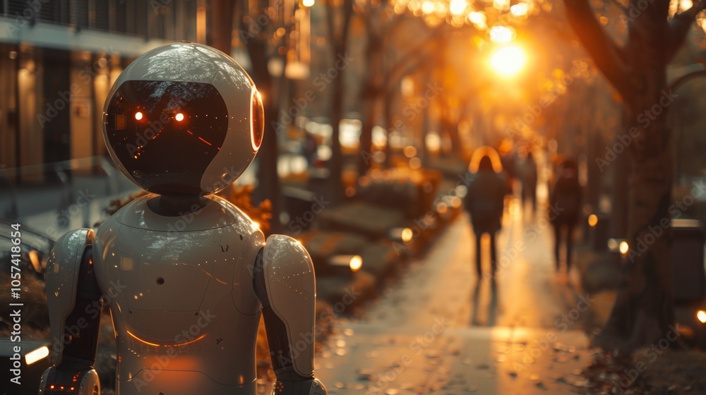 Humanoid Robot Walking in a City at Sunset Humanoid Robot Walking in a City at Sunset