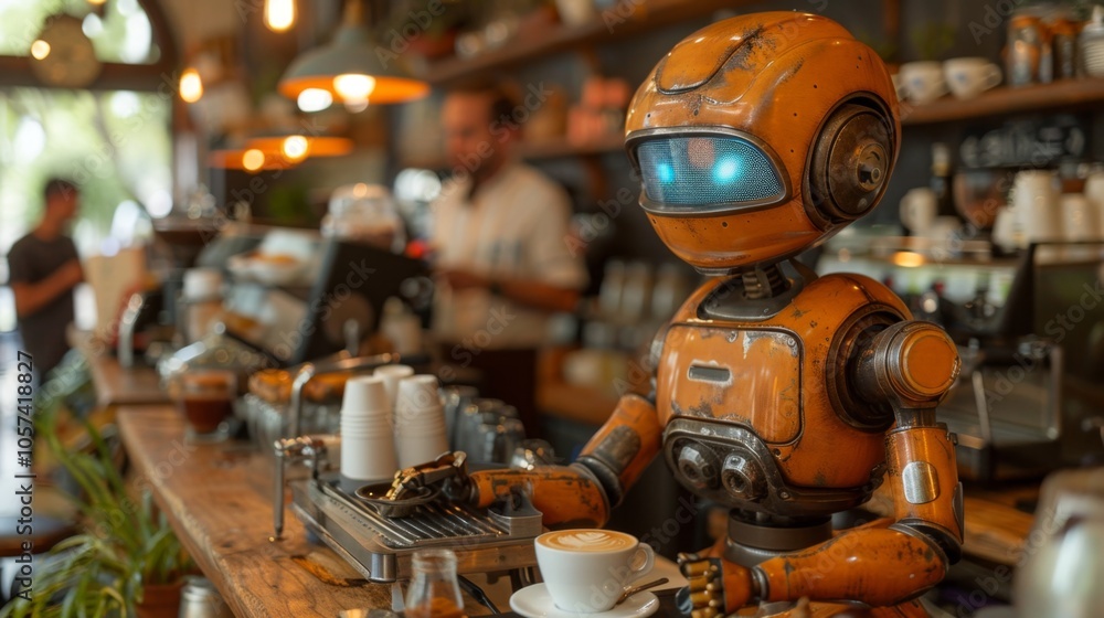 Robot Barista Serving Coffee in a Futuristic Cafe Robot Barista Serving Coffee in a Futuristic Cafe