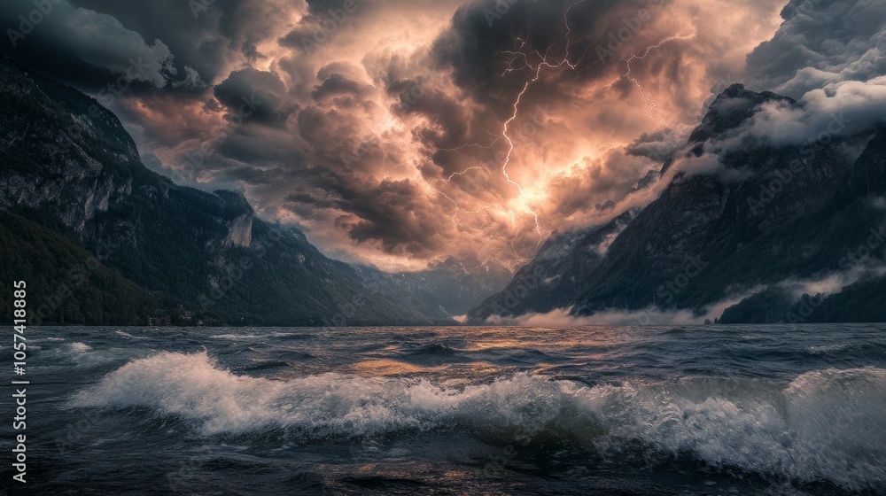 Fototapeta premium A brewing storm above a mountain lake, with waves and dark clouds, lightning illuminating the scene generative ai