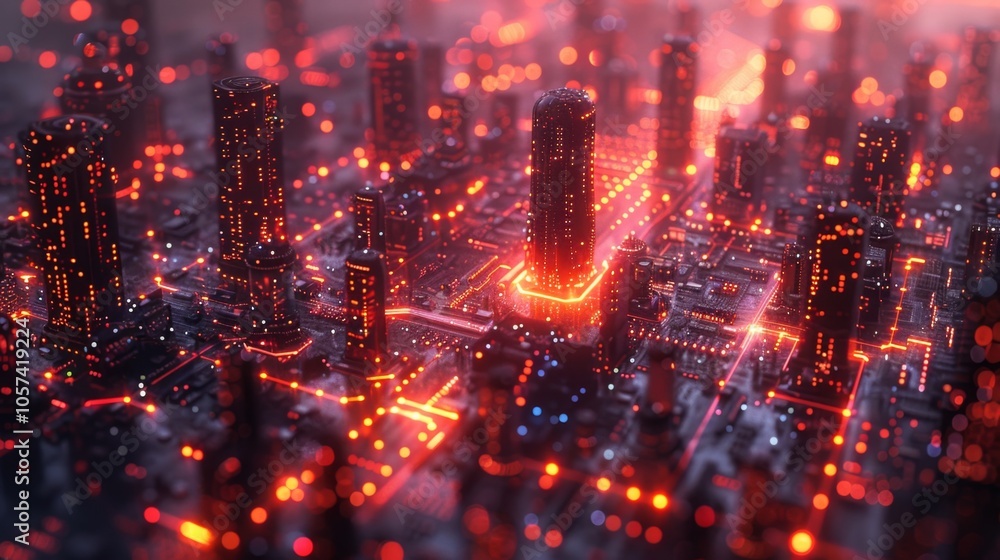 Obraz premium Futuristic Glowing Cityscape: A Digital Metropolis in Neon Lights