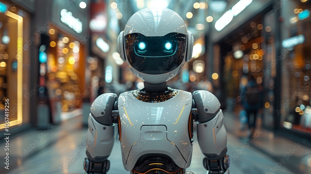 Futuristic Robot in a Modern Shopping Mall - AI and Robotics Futuristic Robot in a Modern Shopping Mall - AI and Robotics