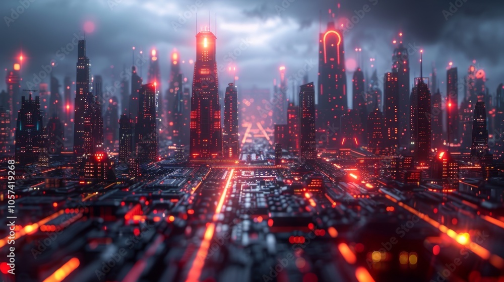 Fototapeta premium Futuristic Cityscape with Glowing Lights and Neon Signs