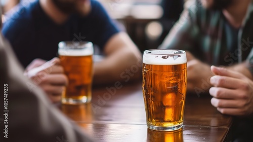 Two men are sitting at a table with two glasses of beer