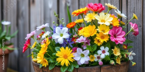 Beautiful bouquet of colorful flowers arranged in a charming watering can, vibrant, aesthetic