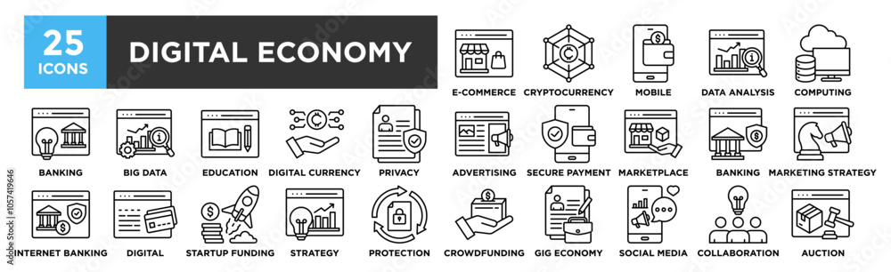 Digital Economy icon collection set. Containing design Cryptocurrency, E-commerce, Mobile Payment, Data Analysis, Cloud Computing Digital Economy icon collection set. Containing design Cryptocurrency, E-commerce, Mobile Payment, Data Analysis, Cloud Computing