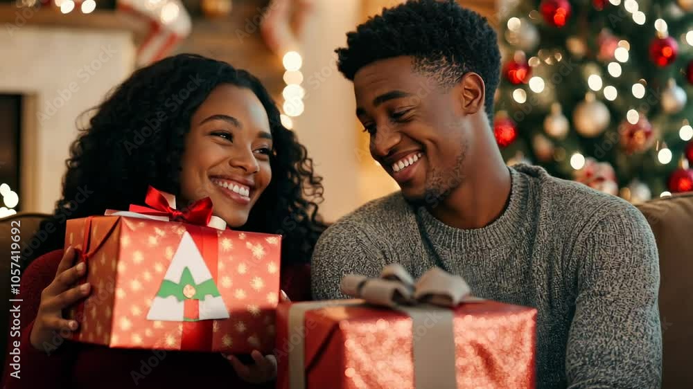Joyful couple exchanging gifts by christmas tree with sparkling lights Joyful couple exchanging gifts by christmas tree with sparkling lights