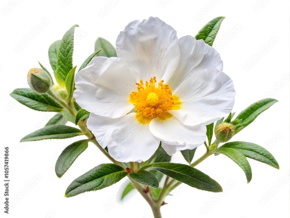 Obraz premium Cistus ladanifer flower plant isolated on on white background, Cistus ladaniferus white flower, White Transparent Photo, White Transparent Element