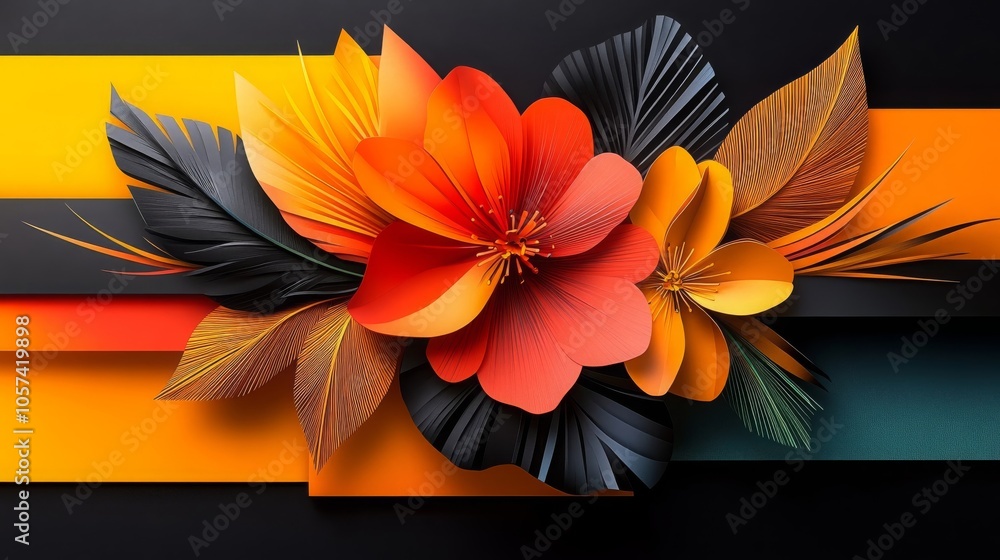 Fototapeta premium Abstract Floral Design with Orange Red and Black Flowers
