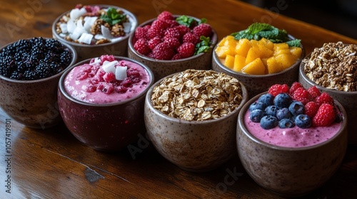 Vibrant smoothie bowls adorned with berries, granola, and coconut on a rustic wooden table, inviting and healthful presentation.