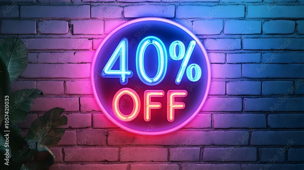 Multicolor Neon '40% OFF' Sign on a Brick Wall Multicolor Neon '40% OFF' Sign on a Brick Wall