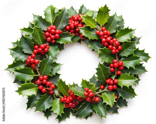 Holly Christmas wreath with red berries and leaves On White transparent background, White Transparent Photo, White Transparent Element