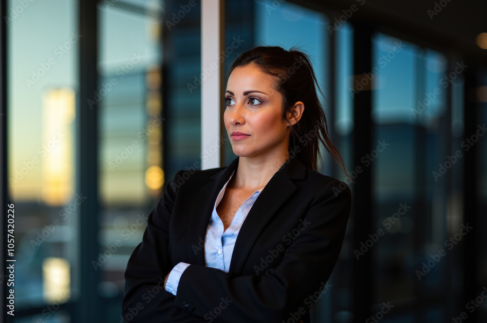 Businesswoman standing with arms crossed looking out window at sunset Businesswoman standing with arms crossed looking out window at sunset
