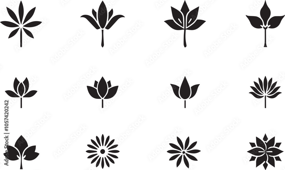 Flower icons - Black and white flowers icon set illustration Flower icons - Black and white flowers icon set illustration
