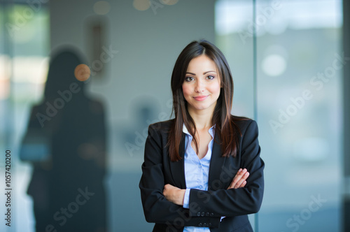 Free Download Confident businesswoman smiling with folded arms in office building - GFXLoad