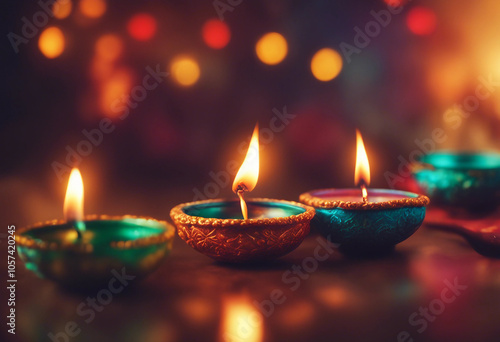 Happy Deepawali Festival Banner with Illuminated Oil Lamps (Diya) in Colorful