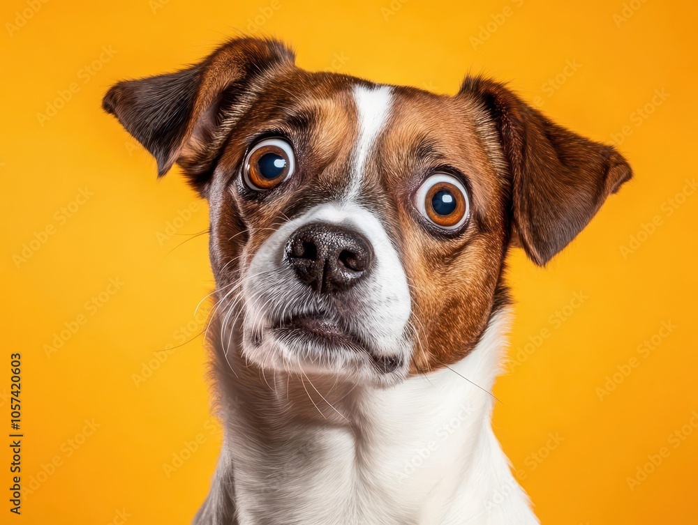 Adorable dog looking bewildered, head tilted and eyes wide, vibrant orange background, lively and playful pet portrait Adorable dog looking bewildered, head tilted and eyes wide, vibrant orange background, lively and playful pet portrait