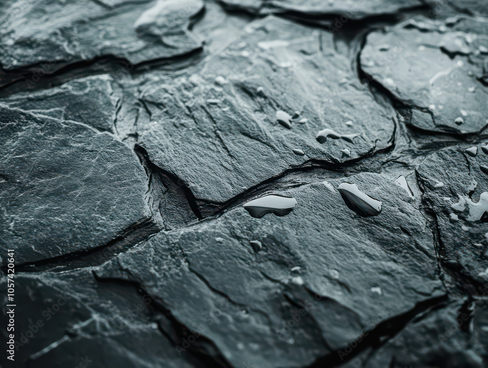 Close-up of wet, dark slate stones with intricate textures. Close-up of wet, dark slate stones with intricate textures.