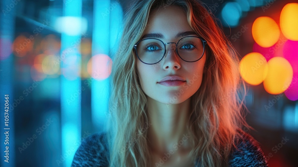A young woman with glasses poses in a vibrant, colorful urban setting. A young woman with glasses poses in a vibrant, colorful urban setting.
