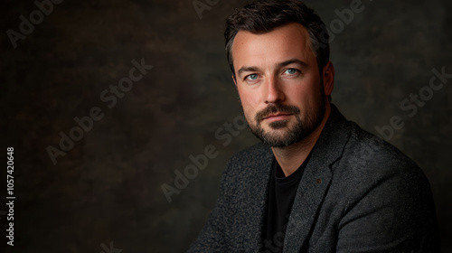 A man in a black jacket and a gray suit is sitting in front of a dark background