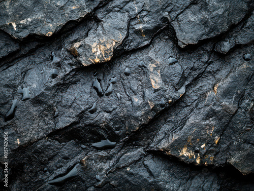 Close-up of rugged, textured wet rock surface with dark mineral hues and water puddles.