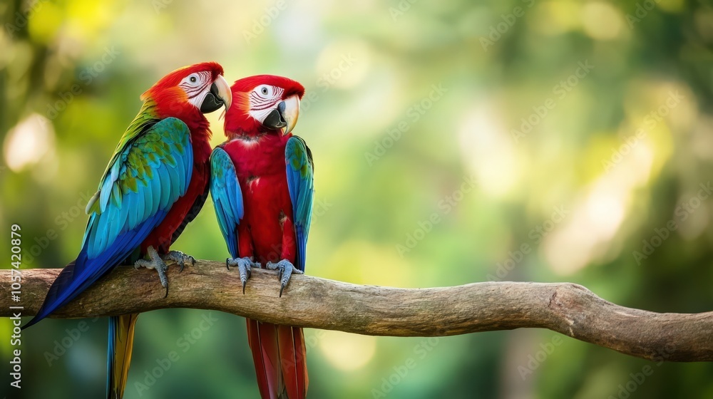 Obraz premium Two ara parrots on brunch with green background.