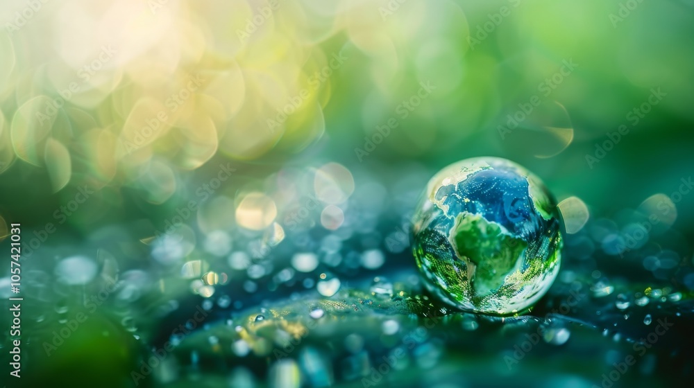 A small globe is sitting on a leaf. The globe is surrounded by water droplets, giving it a sense of being in a rainforest. Concept of tranquility and harmony with nature A small globe is sitting on a leaf. The globe is surrounded by water droplets, giving it a sense of being in a rainforest. Concept of tranquility and harmony with nature