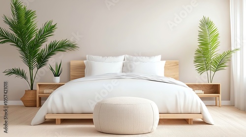 A minimalist bedroom featuring a wooden bed  white bedding  and green plants  creating a serene and cozy atmosphere.