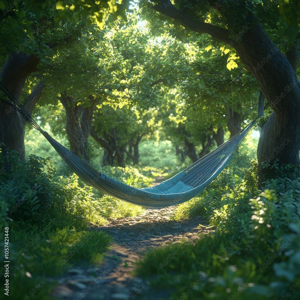 Obraz premium Forest escape, hammock between trees, serene nature, 3D illustration