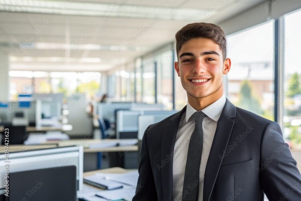 Young businessman smiling in office with coworkers working Young businessman smiling in office with coworkers working