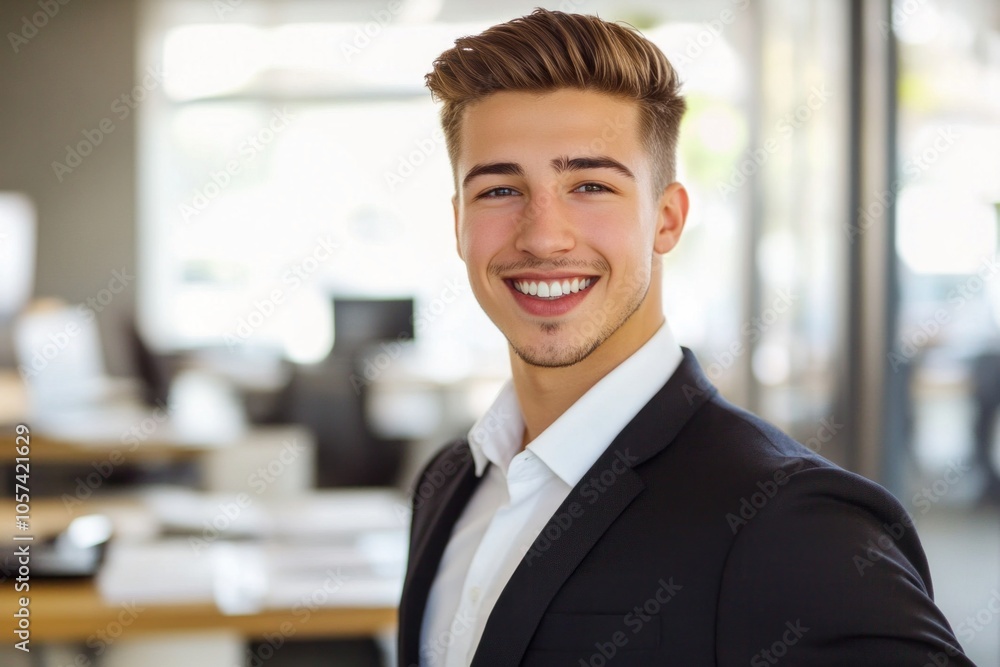 Young businessman smiling in modern office space Young businessman smiling in modern office space