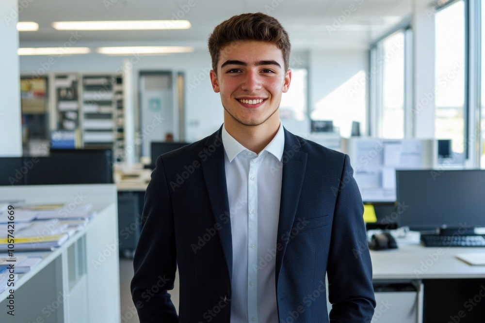 Young businessman smiling in office wearing suit and tie Young businessman smiling in office wearing suit and tie