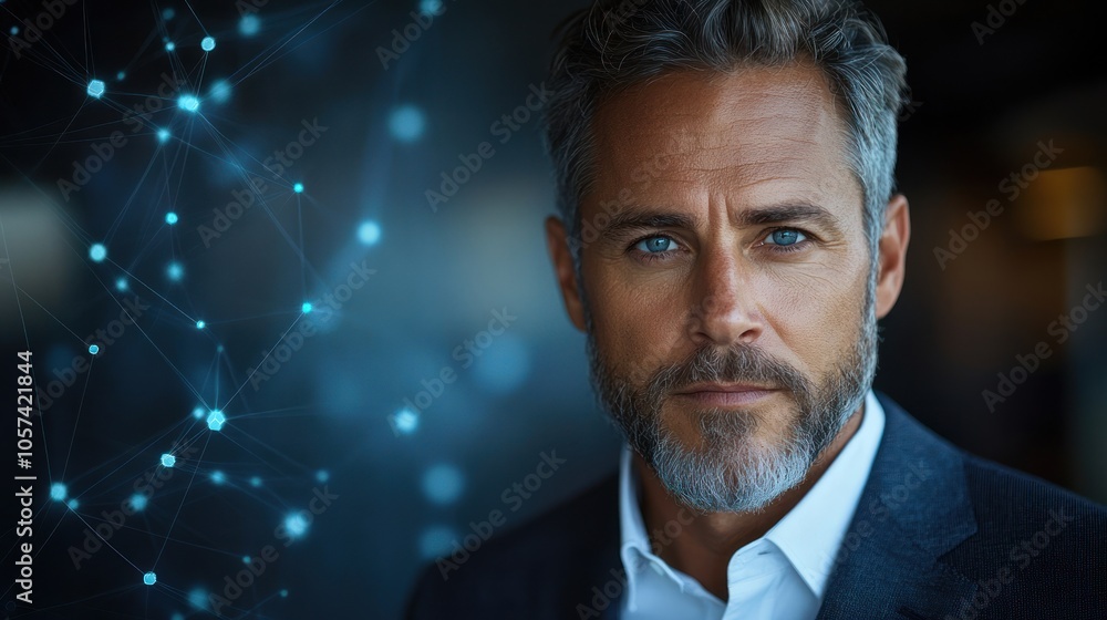 A confident man in a suit with a digital network background, symbolizing innovation. A confident man in a suit with a digital network background, symbolizing innovation.