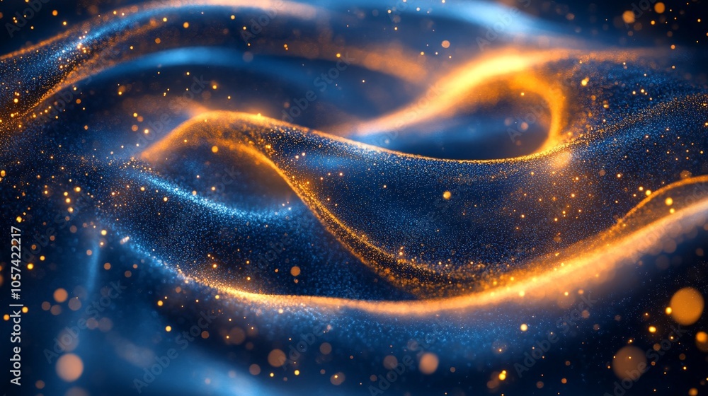 Abstract digital art with swirling blue background and golden dots creating a futuristic and technological visual image. Abstract digital art with swirling blue background and golden dots creating a futuristic and technological visual image.