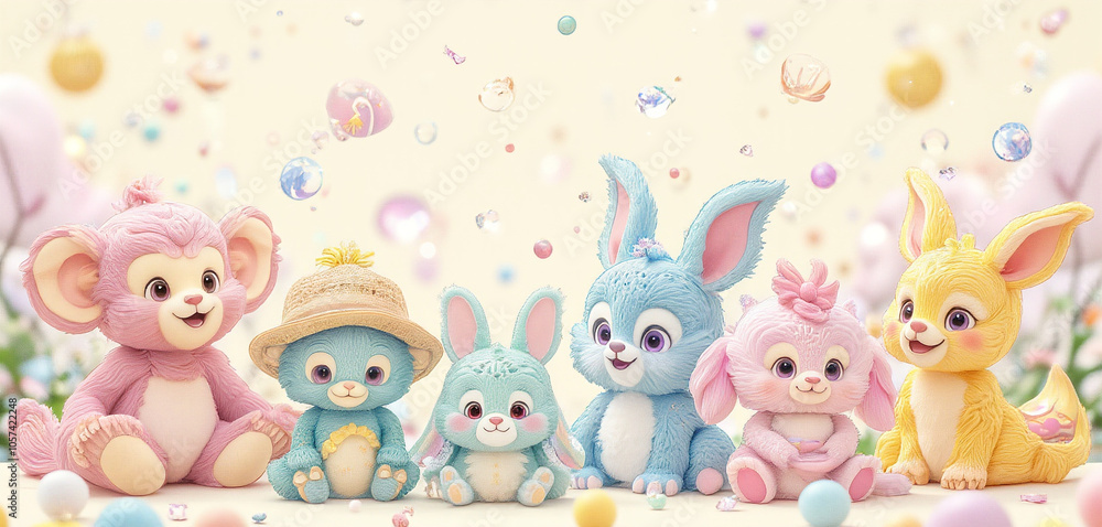 Naklejka premium Adorable Stuffed Animal Toys with Teddy Bears and Bunnies in Pastel Colors