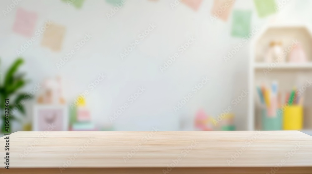 Fototapeta Empty desk for product display on defocused children room background