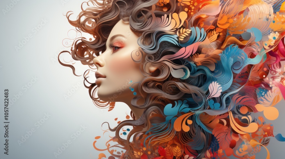 A stylized profile of a woman surrounded by vibrant, flowing abstract patterns. A stylized profile of a woman surrounded by vibrant, flowing abstract patterns.