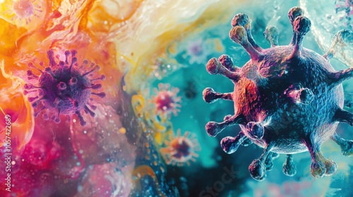 Illustration of flu virus mutation over time, abstract and vibrant