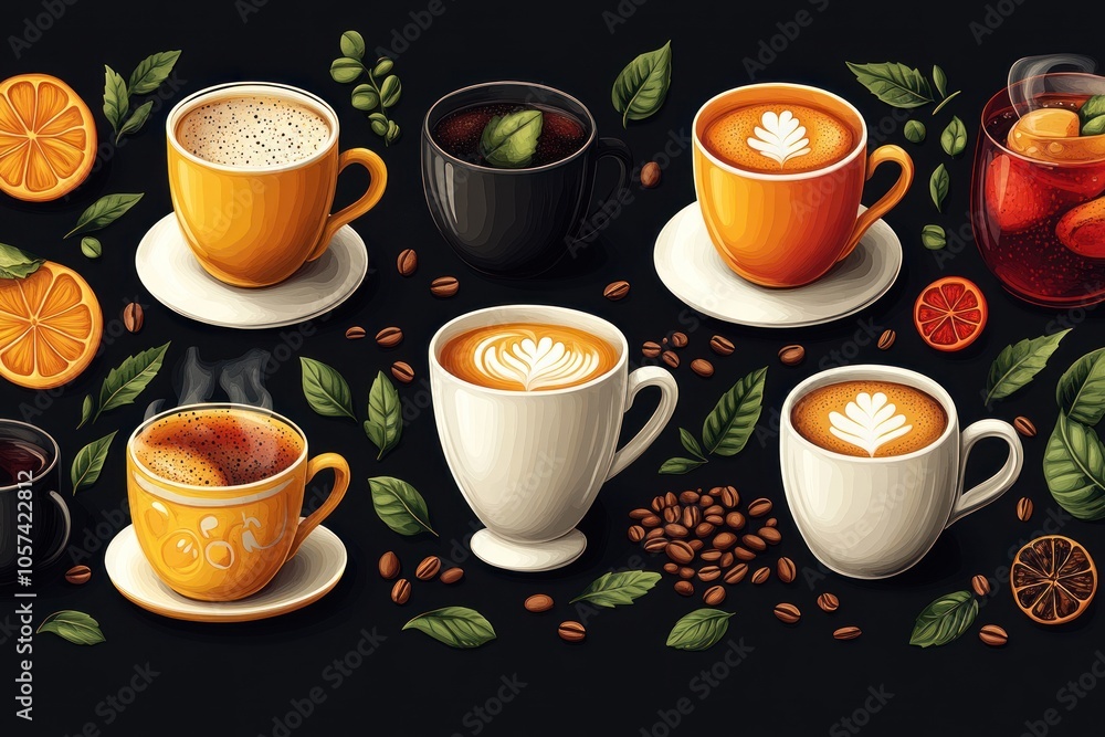 A vibrant arrangement of various coffee and tea cups with garnishes and coffee beans. A vibrant arrangement of various coffee and tea cups with garnishes and coffee beans.