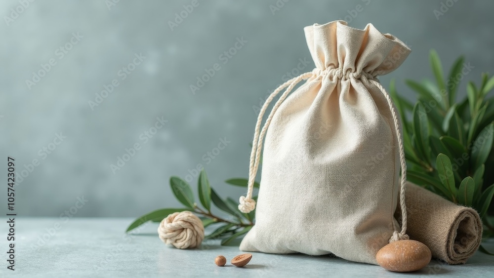 Natural Linen Pouch Surrounded by Elements of Wellness and Relaxation Natural Linen Pouch Surrounded by Elements of Wellness and Relaxation