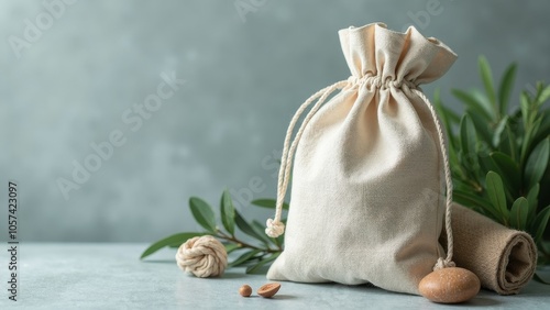 Natural Linen Pouch Surrounded by Elements of Wellness and Relaxation