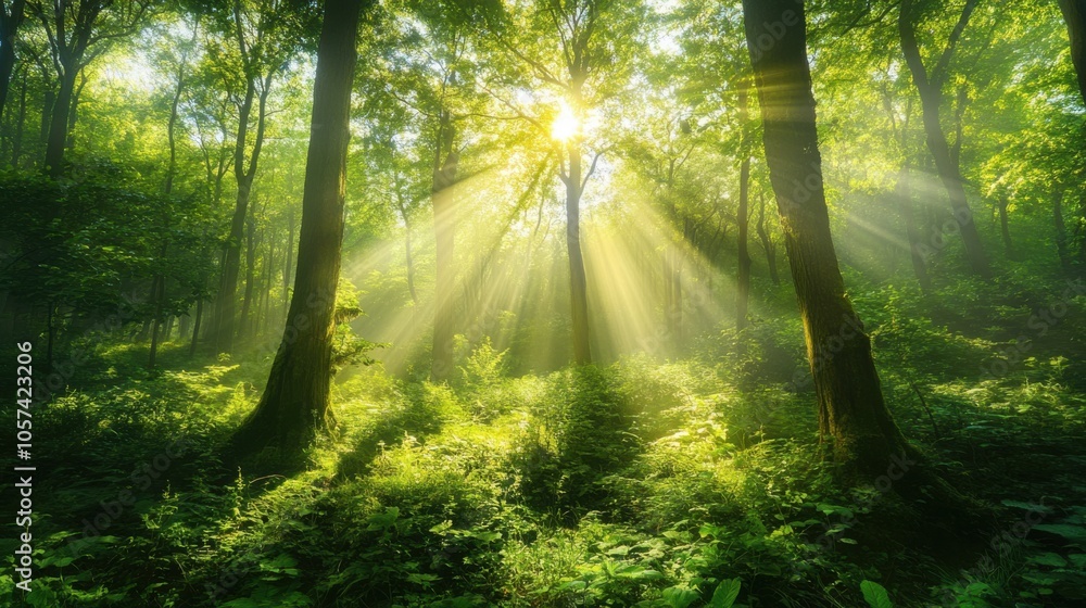 Fototapeta premium Lush green forest with sunlight filtering through the trees