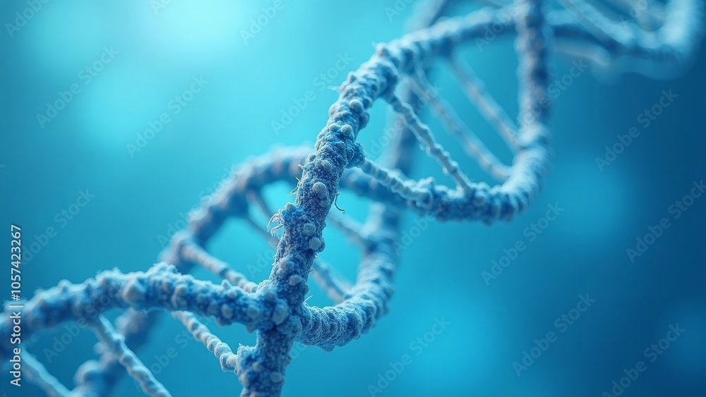 Close-Up of a DNA Strand Construct on a Clear Blue Background Close-Up of a DNA Strand Construct on a Clear Blue Background