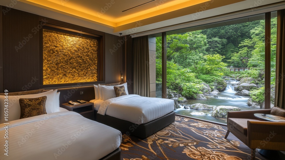 Luxurious hotel room with a view of a peaceful garden Luxurious hotel room with a view of a peaceful garden