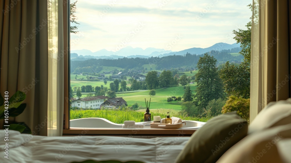 Fototapeta premium Luxurious hotel room with a view of a peaceful valley