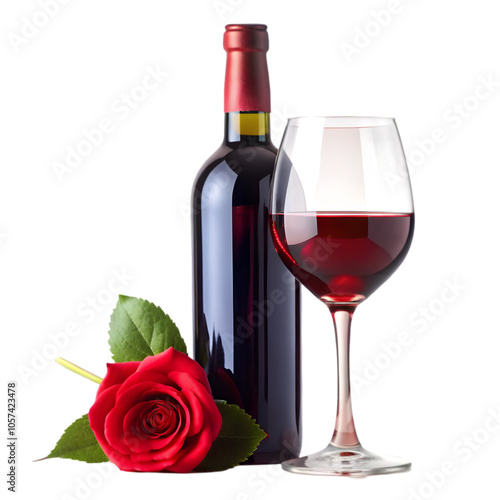 red wine bottle and glass with rose for valentines day