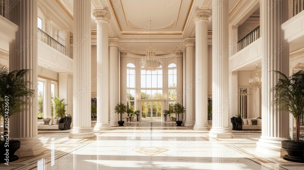 Fototapeta premium Elegant lobby with tall columns, large windows, and decorative plants.