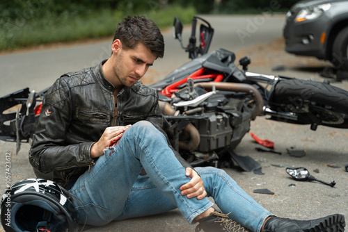 Motorcyclist sits on the asphalt near motorcycle, after road accidents with car. Broken and wrecked motorcycle on road